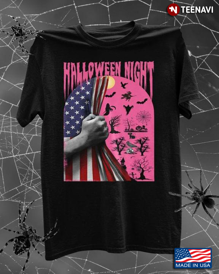 Halloween Night American Flag Witch And Bats