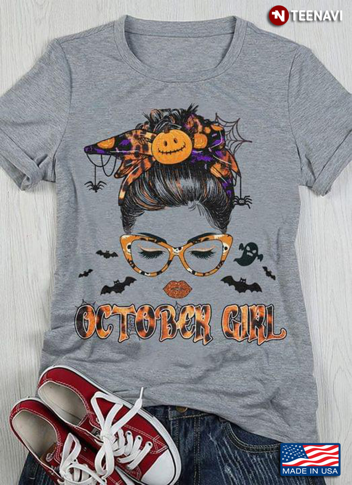 October Girl Skull Bandana Messy Bun Glasses Bats Halloween Gift