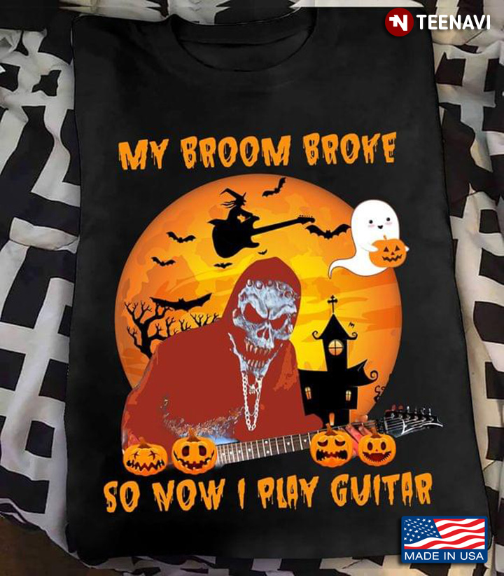 Skeleton And Pumpkins My Broom Broke So Now I Play Guitar Halloween Costume