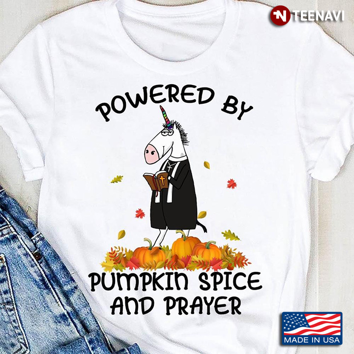 Powered By Pumpkin Spice And Prayer Unicorn With Bible