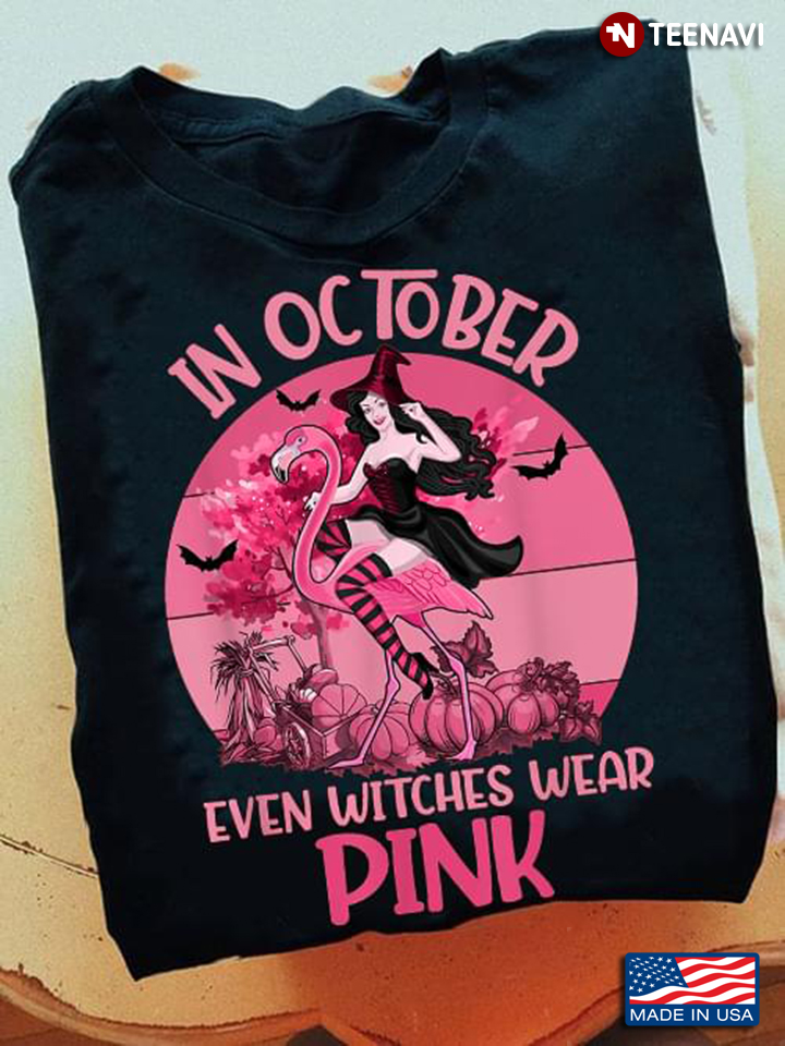 In October Even Witches Wear Pink Breast Cancer Flamingo