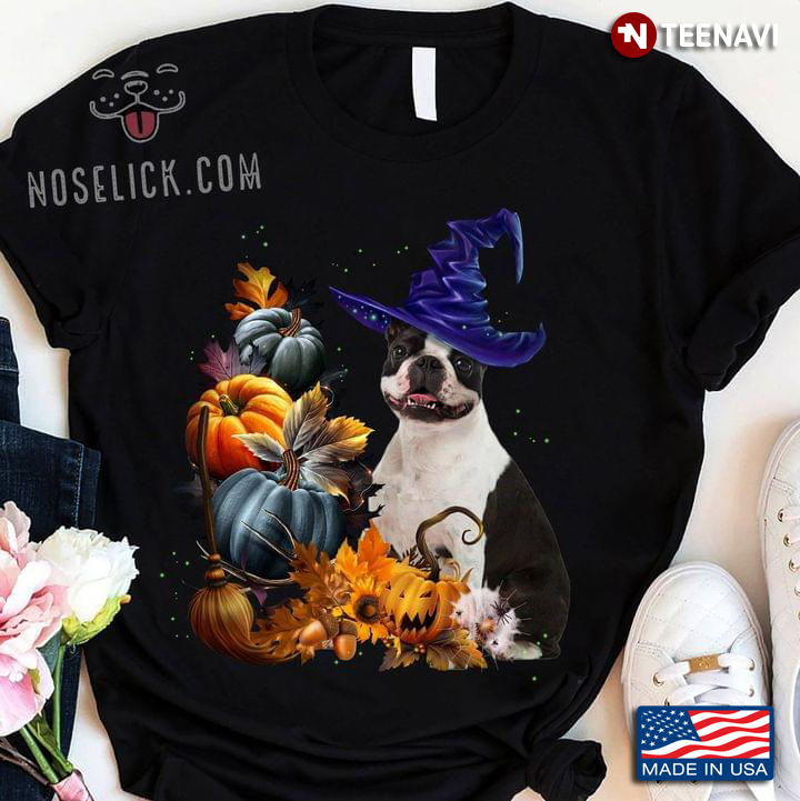 Bulldog Witch Hat Halloween And Pumpkins T-Shirt