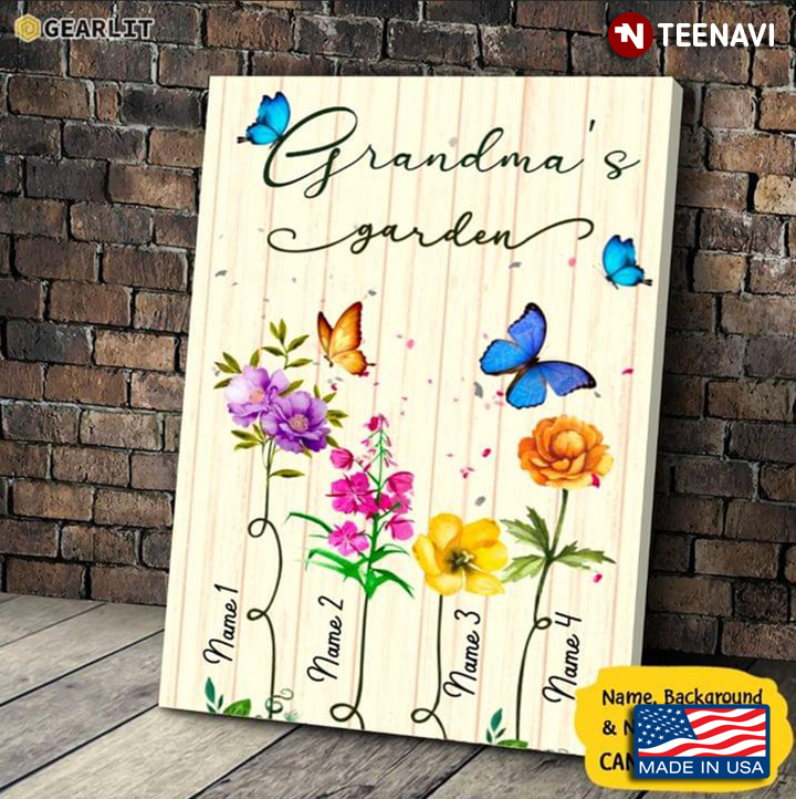 Vintage Customized Name Blue Butterflies Flying Around Colourful Flowers Grandma's Garden