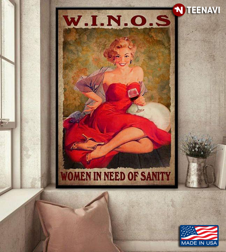 Vintage Floral Theme Sexy Girl With Red Wine Glass Smiling W.I.N.O.S Women In Need Of Sanity
