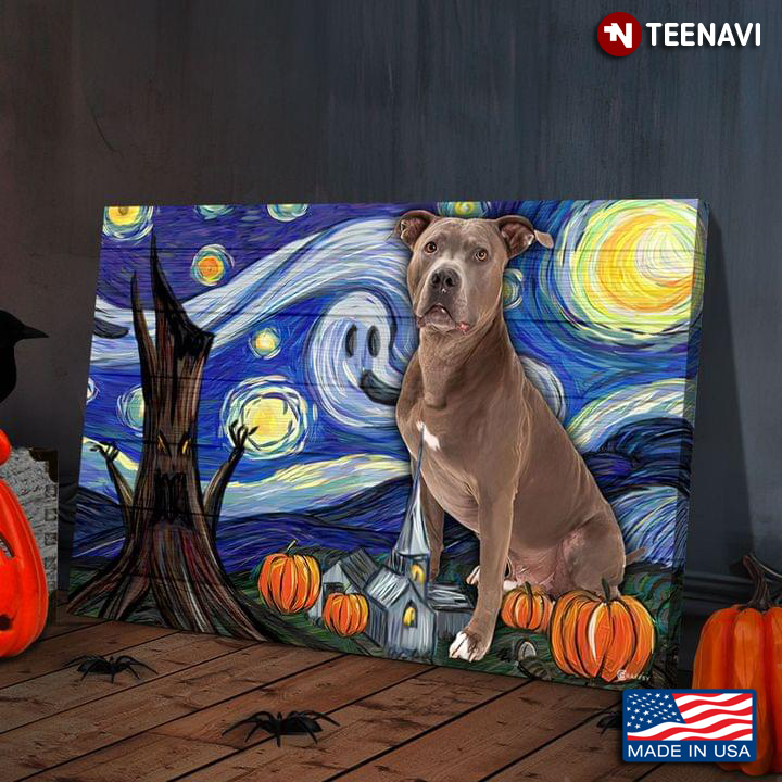 Halloween View Grey Pitbull Terrier Dog In The Starry Night Vincent Van Gogh