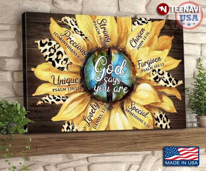 Vintage Sunflower With Leopard Pattern & Hippie Peace Sign God Says You Are Unique Lovely Special Forgiven Chosen Strong Precious