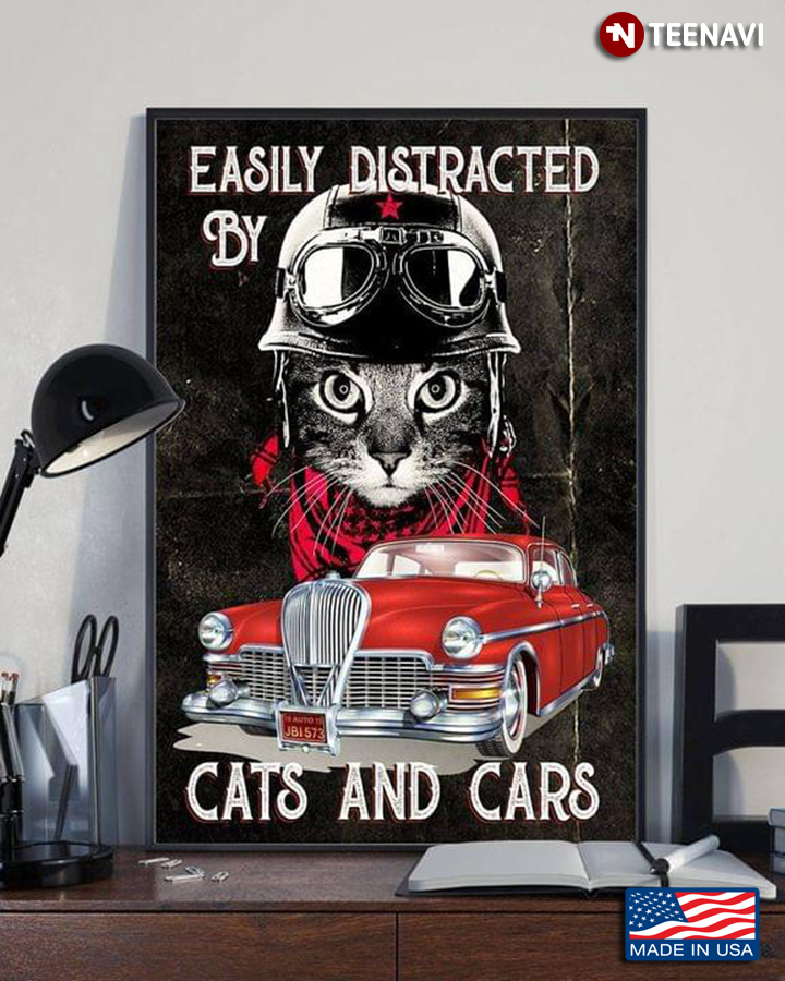 Black Theme Cool Cat With Black Helmet & Bandana Around Neck Easily Distracted By Cats And Cars