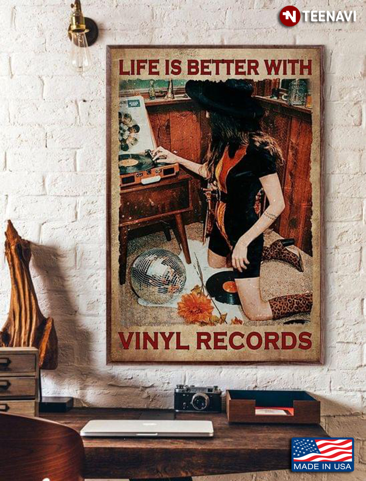 Vintage Girl Switching On Record Player Life Is Better With Vinyl Records