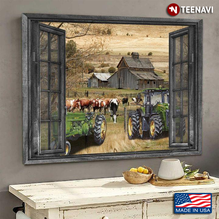 Vintage Wooden Window Frame With Green Tractors And Cows On Farm