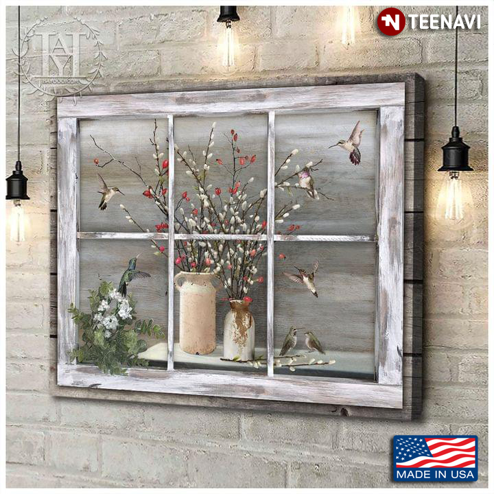 Vintage White Wooden Window Frame With Hummingbirds Flying Around Tiny Flowers