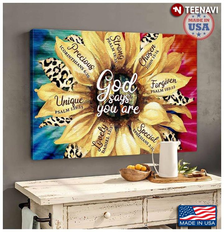 Vintage Sunflower With Leopard Pattern, Hippie Peace Sign & American Flag God Says You Are Unique Lovely Special Forgiven Chosen Strong Precious