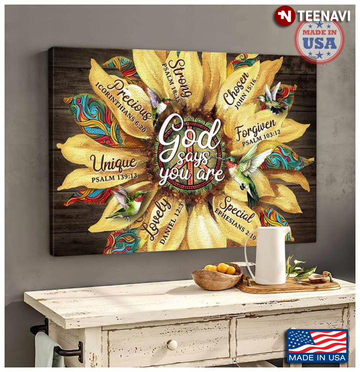 Wooden Theme Sunflower With Hippie Peace Sign God Says You Are Unique Lovely Special Forgiven Chosen Strong Precious