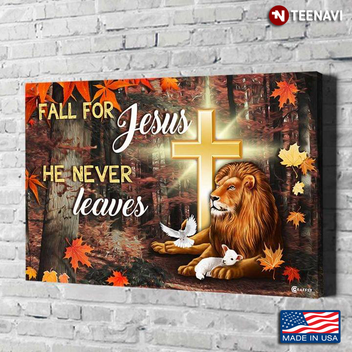 Vintage Lion With Lamb, Dove And Jesus Cross In The Autumn Forest Fall For Jesus He Never Leaves
