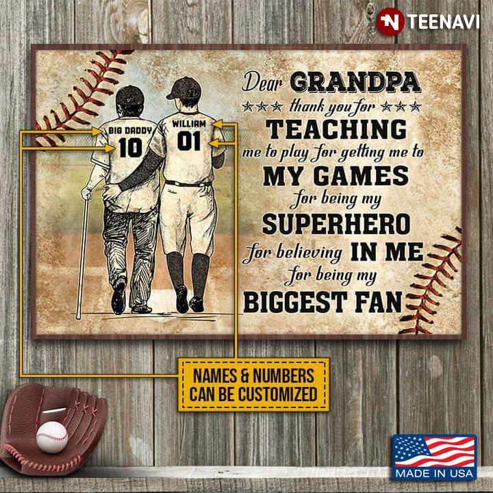 Vintage Customized Name & Number Grandpa & Grandson Baseball Dear Grandpa Thank You For Teaching Me To Play For Getting Me To My Games
