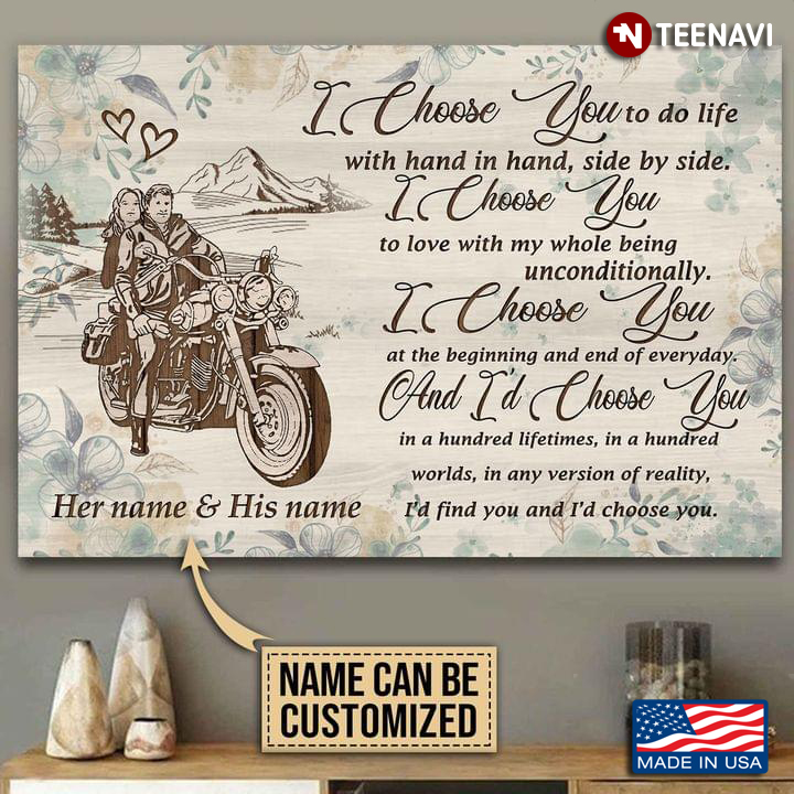 Vintage Floral Theme Customized Name Couple Sitting On Motorcycle I Choose You To Do Life With Hand In Hand, Side By Side