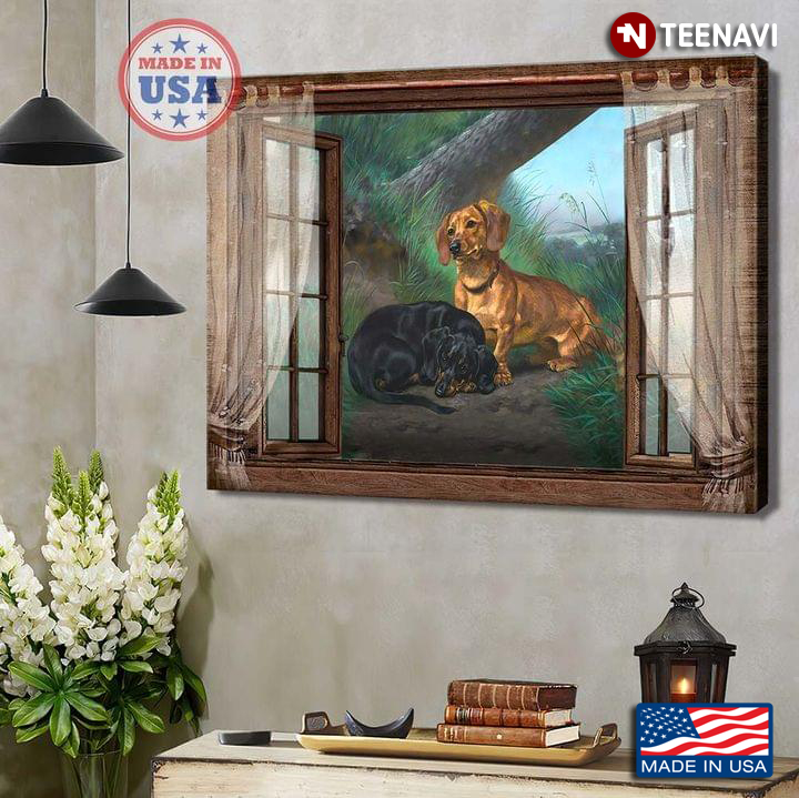 Vintage Window Frame With Two Dachshund Dogs Outside