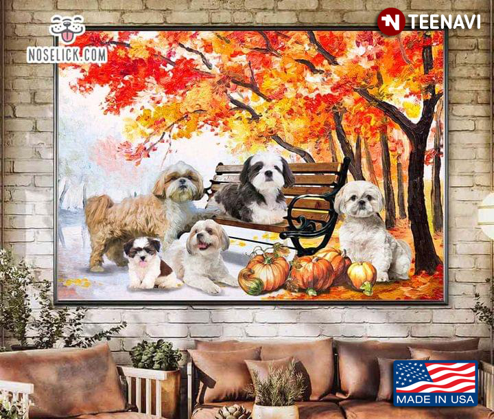 Vintage Shih Tzu Dogs In The Autumn Forest With Pumpkins Around Painting