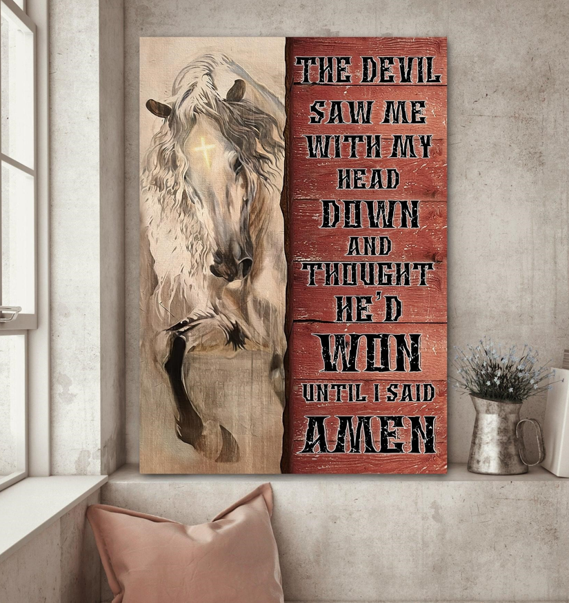 Vintage White Horse With Jesus Cross On Forehead The Devil Saw Me With My Head Down And Thought He’d Won Until I Said Amen
