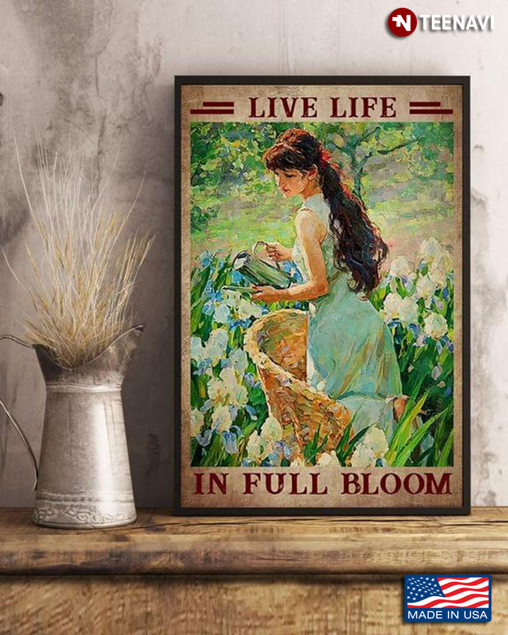 Vintage Beautiful Girl Watering Flowers Live Life In Full Bloom