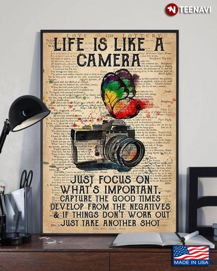 Vintage Book Page Theme Watercolour Camera & Butterfly Life Is Like A Camera Focus On What’s Important Capture The Good Times