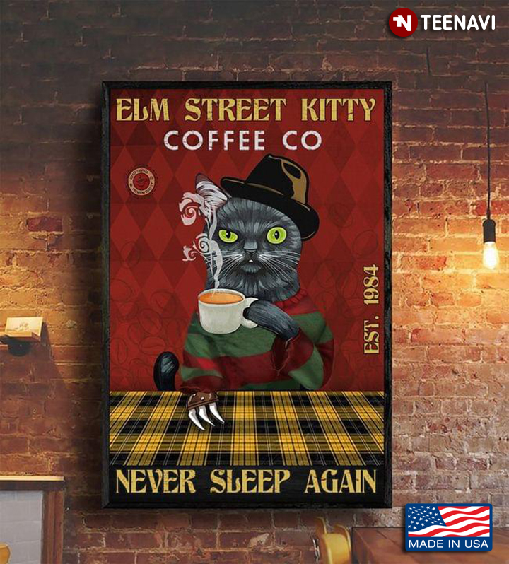 Vintage Black Cat With Hot Cup Of Coffee Elm Street Kitty Coffee Co Est. 1984 Never Sleep Again