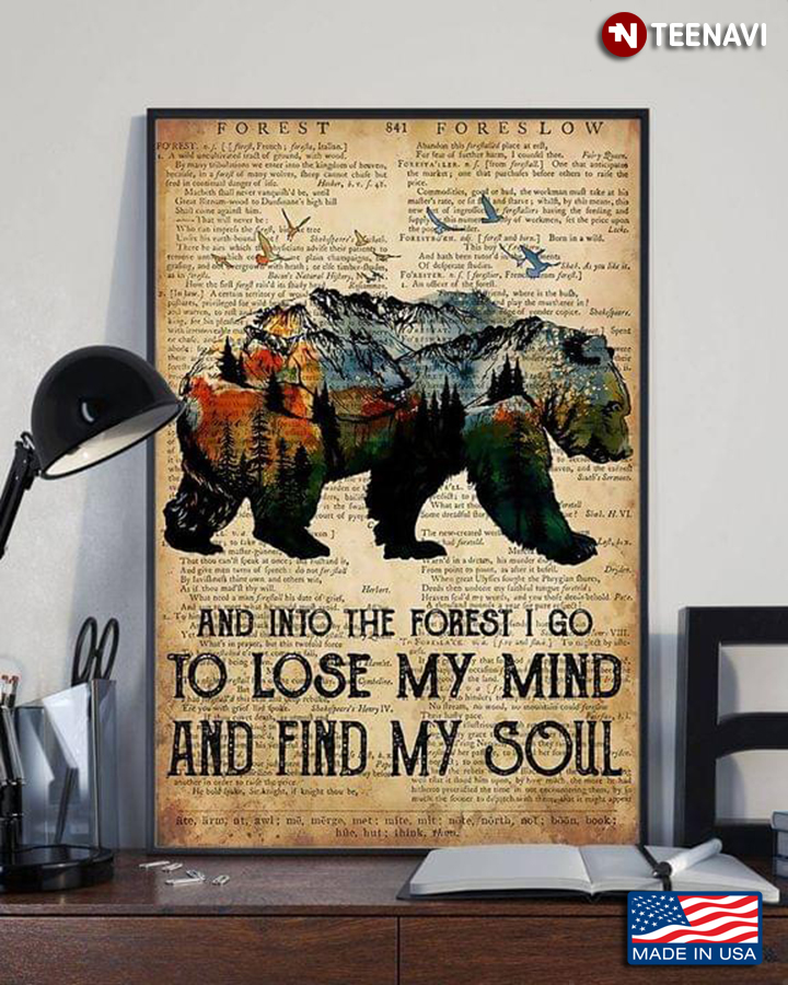 Vintage Dictionary Theme Bear & Birds And Into The Forest I Go To Lose My Mind And Find My Soul