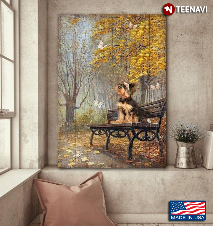Vintage Yorkshire Terrier Sitting On Bench And Butterflies Flying Around In The Autumn Forest