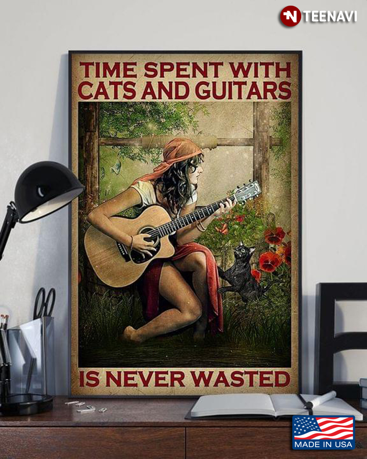 Vintage Girl Playing Guitar & Her Black Cat Standing Next To Her Time Spent With Cats And Guitars Is Never Wasted