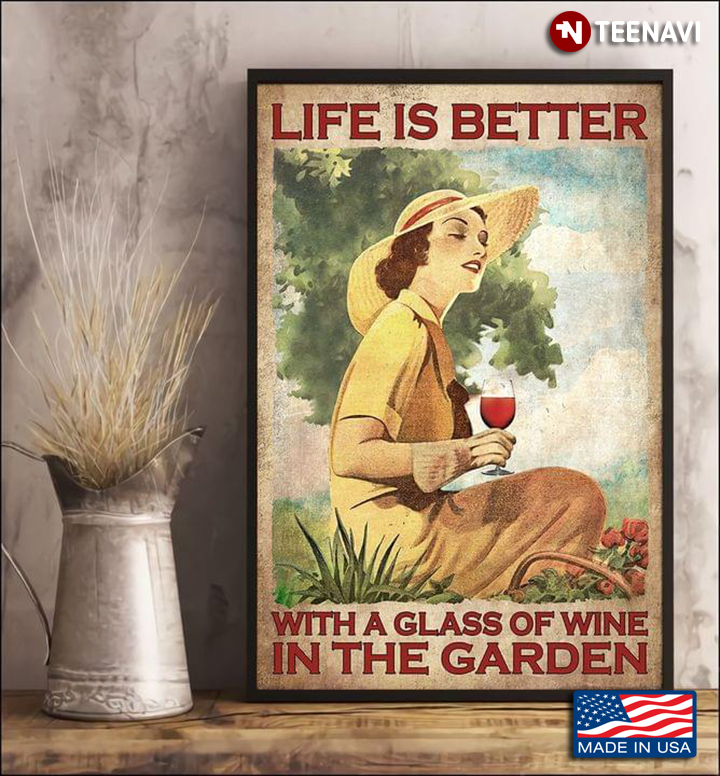 Vintage Smiling Girl With Red Wine Glass Sitting On The Grass Life Is Better With Glass Of Wine In The Garden