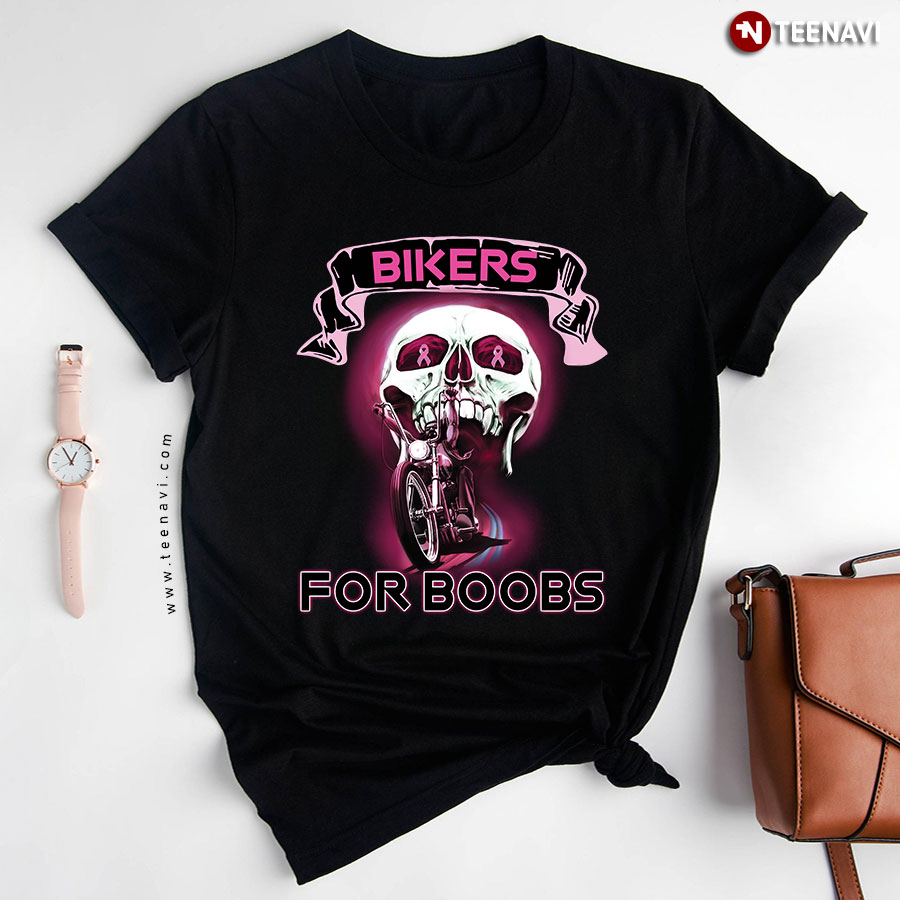 Bikers For Boobs Riding Motorcycle Breast Cancer Awareness T-Shirt - Unisex Tee