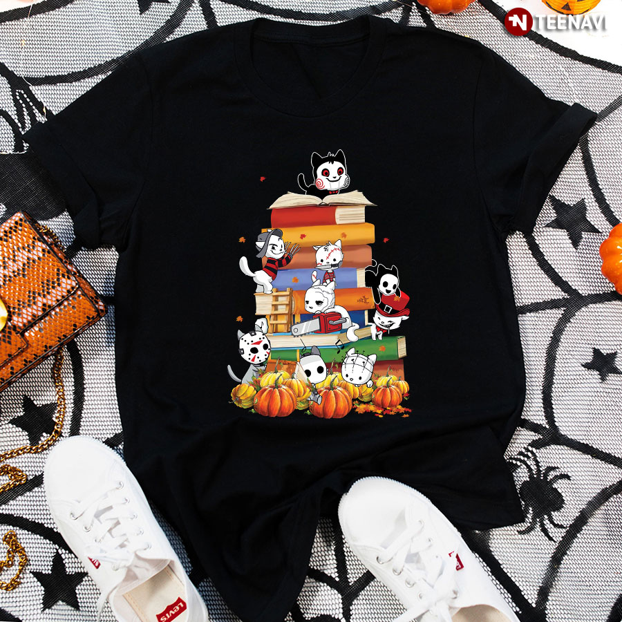 Horror Movies Cat Characters Pumpkins And Books for Halloween T-Shirt