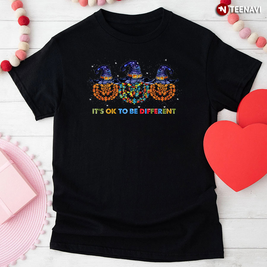 It’s Ok To Be Different Pumpkin Witch Autism Awareness Halloween T-Shirt