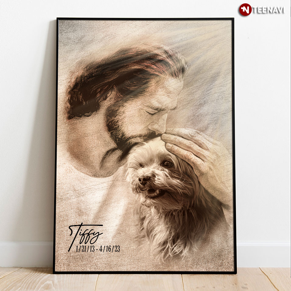 Vintage Personalized Name, Photo & Year Jesus Christ Kissing Yorkshire Terrier Dog Under Heaven Light Poster