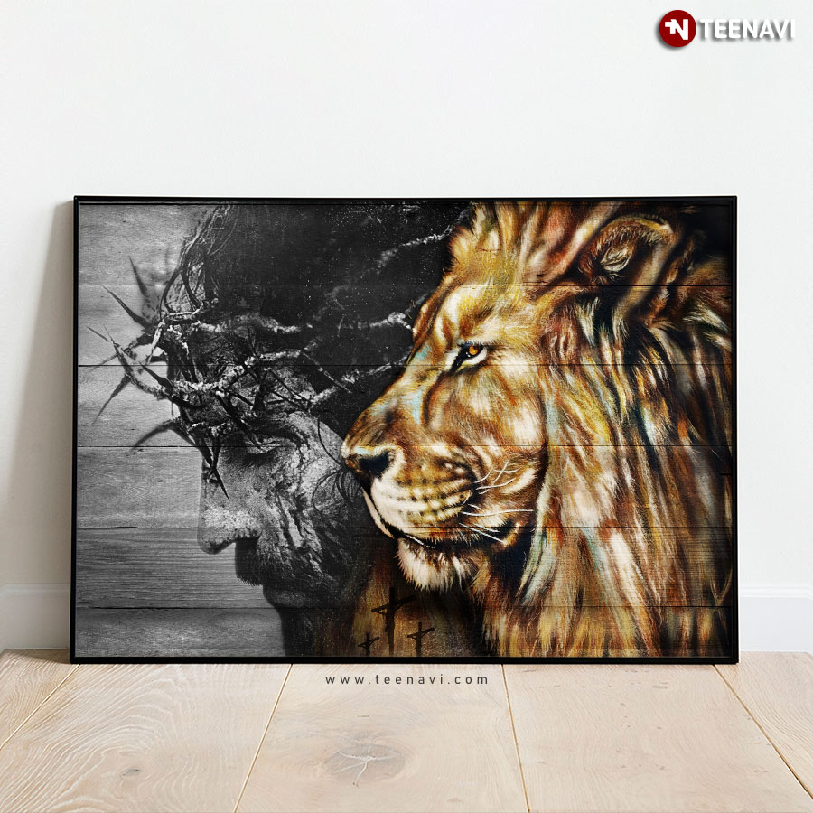 Vintage Jesus Christ With Crown Of Thorns Jesus Crosses And Lion Painting Poster