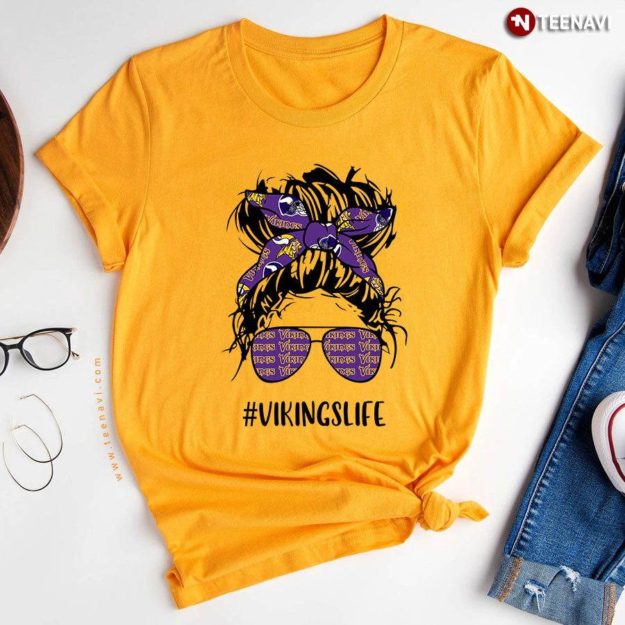 Vikings Life Minnesota Vikings Messy Bun Girl With Headband And Glasses For Football Lover