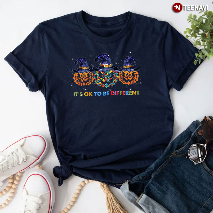 It’s Ok To Be Different Pumpkin Witch Autism Awareness Halloween T-Shirt