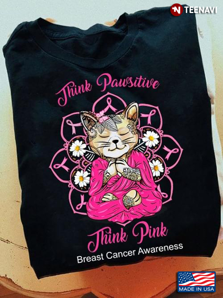 Think Pawsitive Think Pink Breast Cancer Awareness Cat Yoga