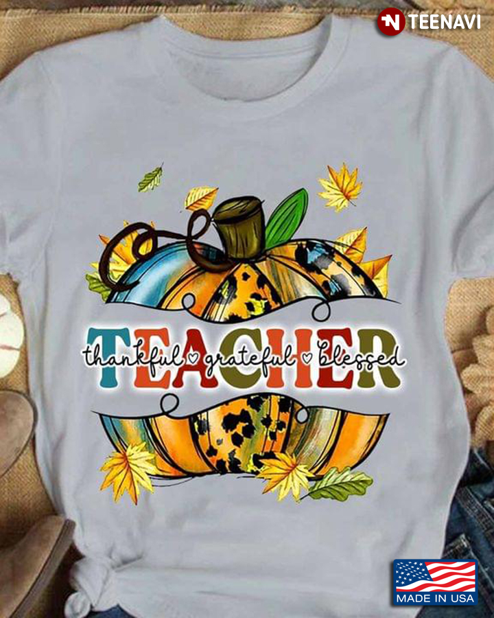 Teacher Thankful Grateful Blessed Pumpkin Leopard Fall