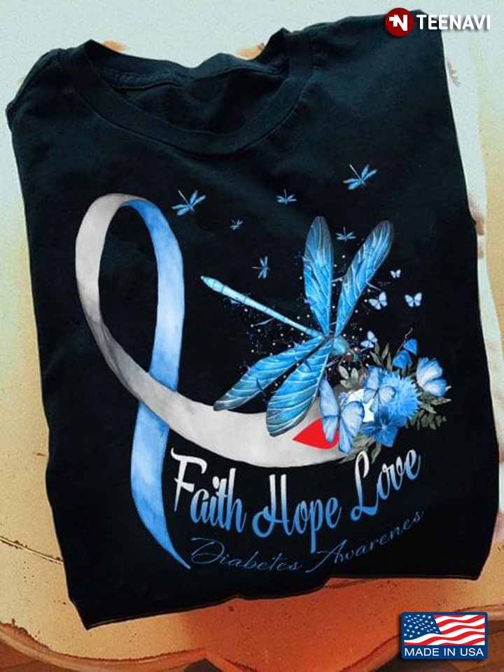 Blue Dragonfly and Ribbon Faith Hope Love Diabetes Awareness