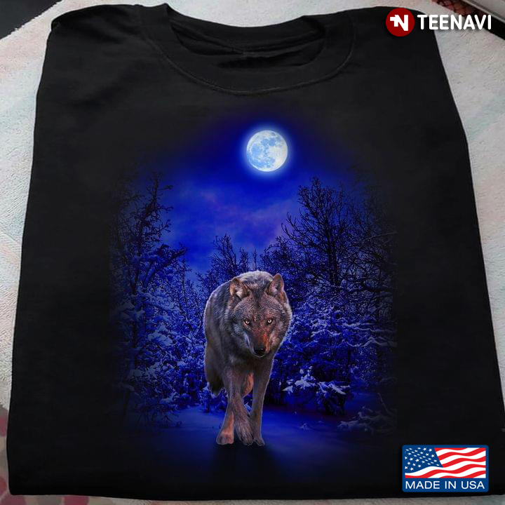 Wolf In The Winter Forest and Full Moon for Animal Lover