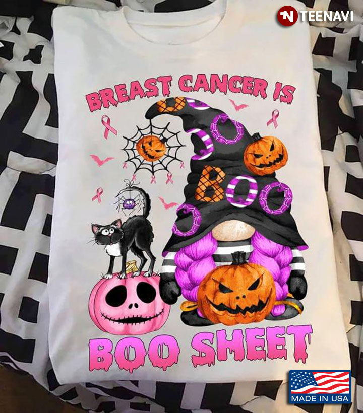 Horror Pumpkin And Cat Gnome Witch Breast Cancer Is Boo Sheet for Halloween T-Shirt