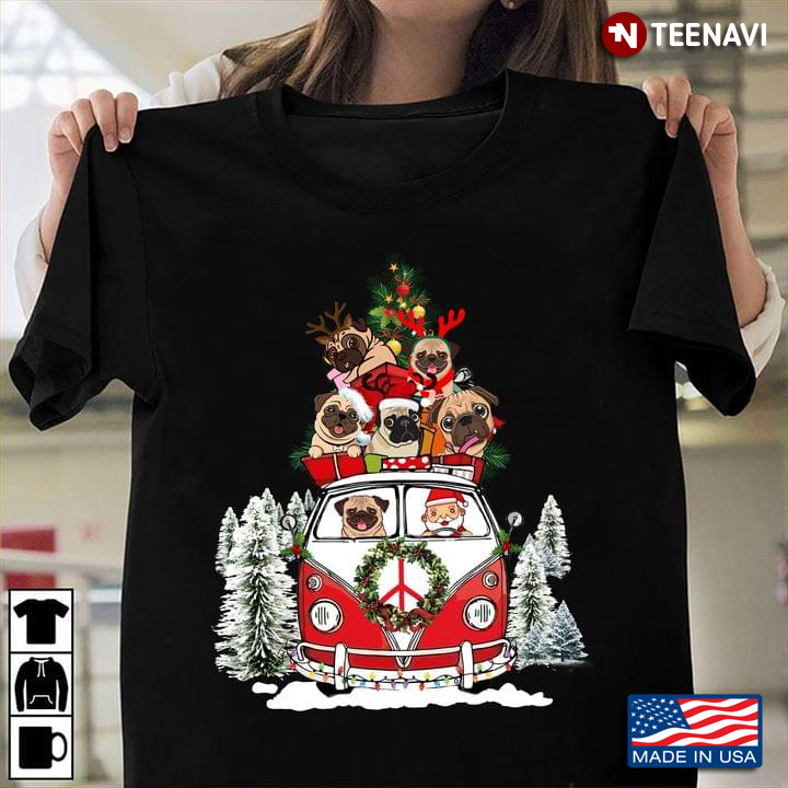 Hippie Bus Carrying Pug Dogs Cute Design For Christmas