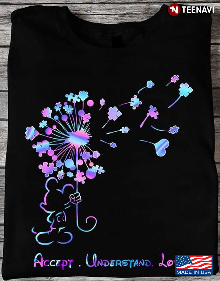 Mickey Mouse Holding Dandelion Umbrella Accept Understand Love Autism Awareness