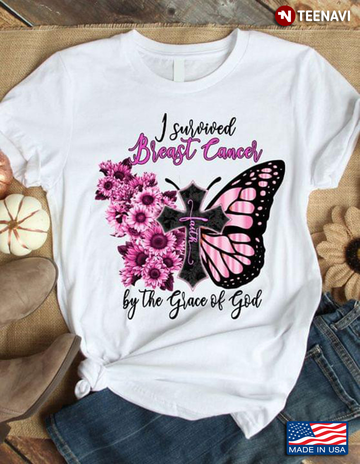 Butterfly Sunflower Cross Faith I Survived Breast Cancer By The Grace Of God