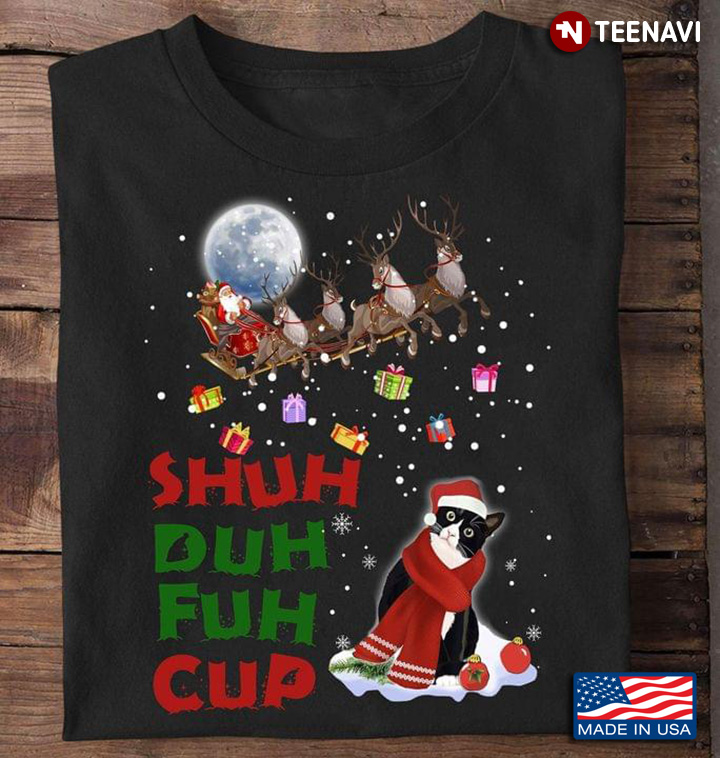 Santa Claus Dropping Gifts Cat With Ornament Shuh Duh Fuh Cup for Christmas