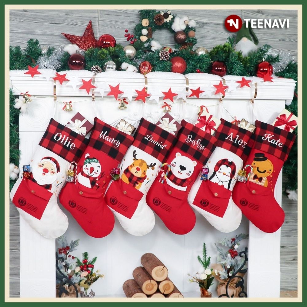 Personalized Name Christmas Stockings Embroidered Penguin Snowman Reindeer Gingerbread Man