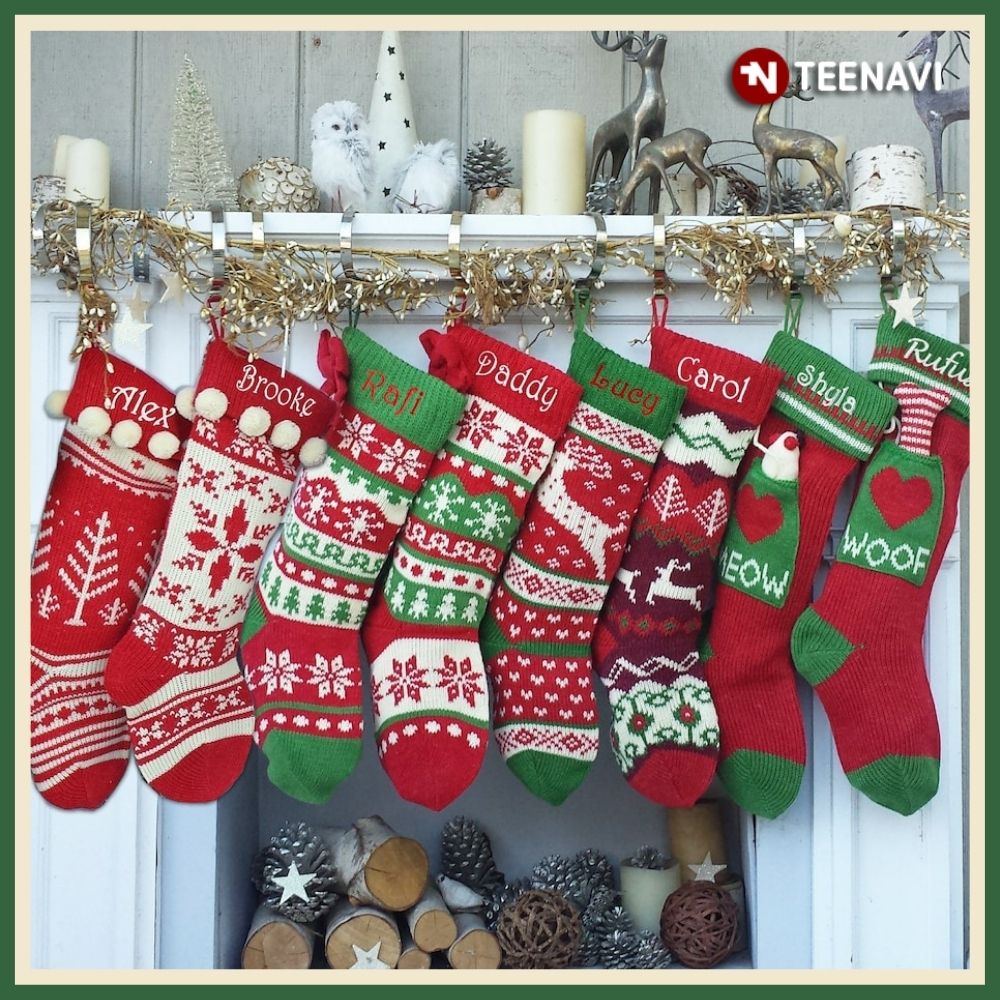Personalized Name Christmas Stockings Snowflake Family with Pets Cat Mouse Meow and Dog Bone Woof Knit