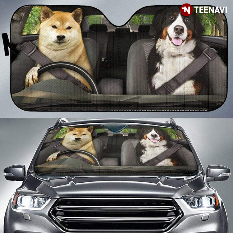 Shiba Inu And Bernese Mountain Dog Driving A Car Together Funny For Dog Lover
