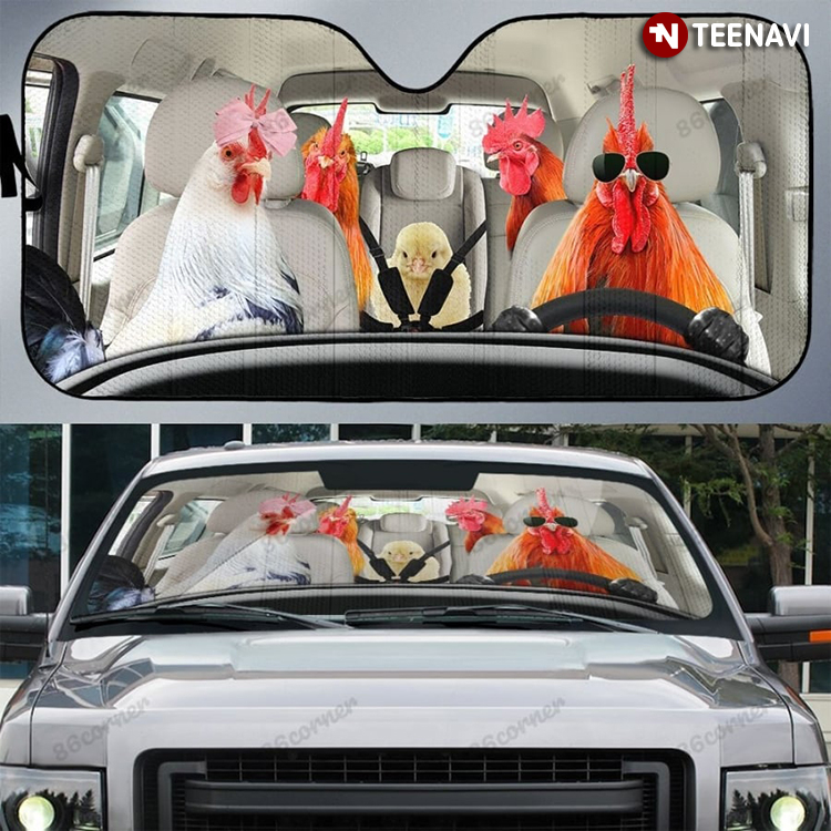 Horizontaal Zee tornado Rooster Is Driving A Car With Family Chicken Lover Auto Sun Shade - TeeNavi