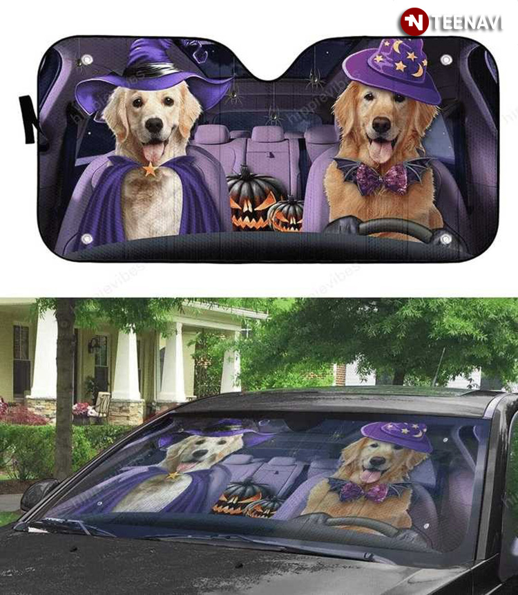 Spooky Buddies Golden Retriever Driving To Halloween Party